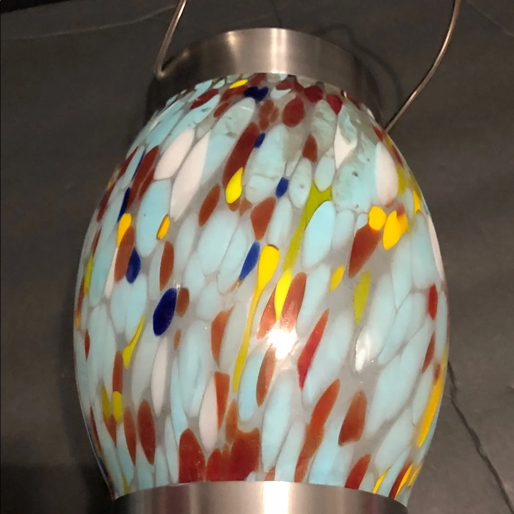 Blue brown mosaic look blown glass style outdoor hanging LED lantern‎ new
